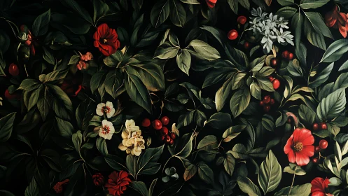 Crimson Blooms Dance Through Shadowed Verdant Tapestry