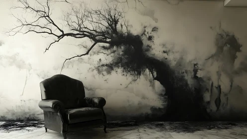 Dark leather armchair against abstract tree wall art.