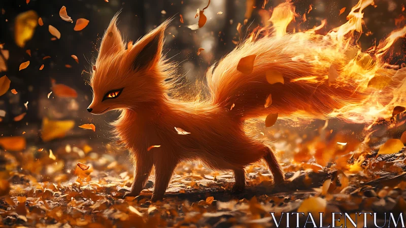 Small fox-like creature with flaming tail in forest scene.