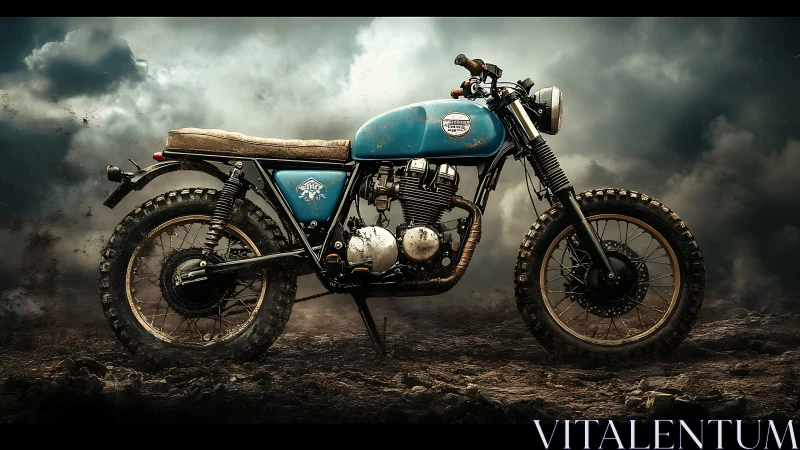 Scrambler-style motorcycle on rugged dirt terrain profile.