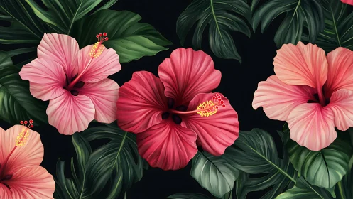 Pink and Red Hibiscus Flowers Against Black Background.
