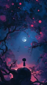 Child under a moonlit dream canopy of swirling colors.