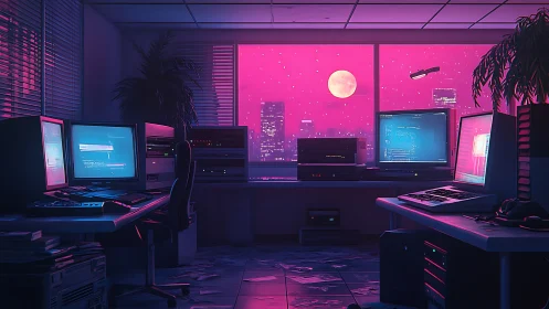 Retro cyberpunk office with neon pink night skyline.