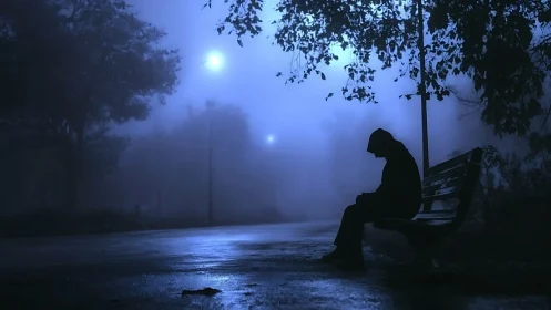 Midnight fog cradles a lonely silhouette on a soaked bench