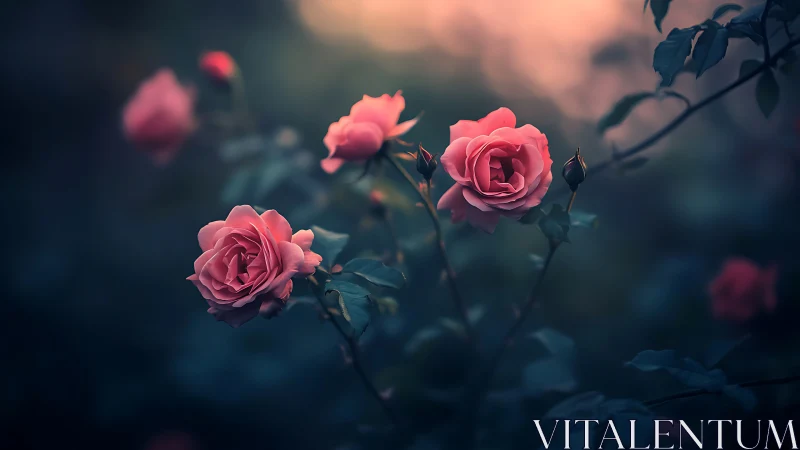 Pink garden roses bathed in warm sunset glow with selective focus.