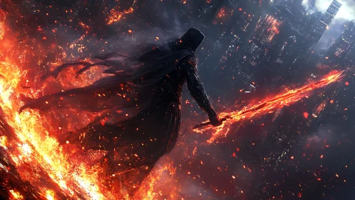 Hooded figure with flaming sword in burning urban field.