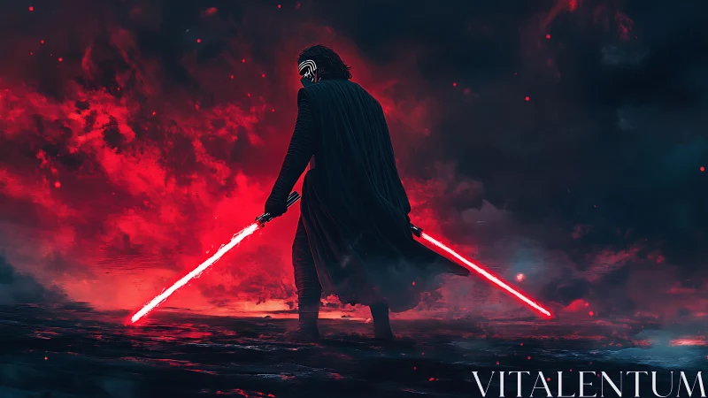 Masked warrior with dual red plasma blades in storm haze