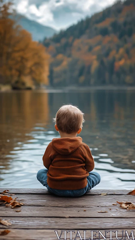 Toddler sits on lakeside dock before calm autumn forest.
