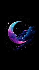 Neon crescent moon over cosmic clouds in deep space.