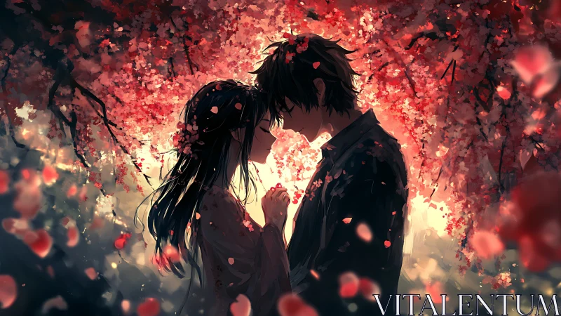 Romantic anime couple under glowing cherry blossoms.
