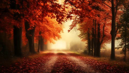 Autumn forest road with red foliage and soft morning mist.