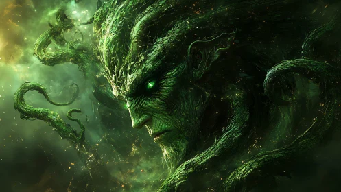 Ancient forest guardian drifting through a cosmic green dream.