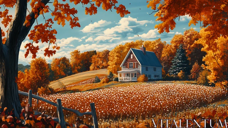 Autumn farmhouse dreams in a meadow of sparkling wildflowers.