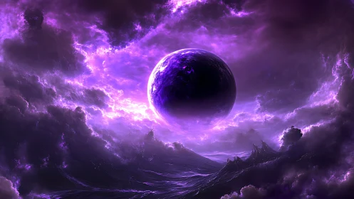 Violet celestial sphere above storm-swept alien seascape.