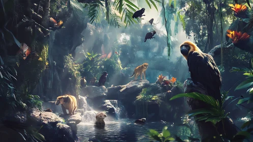 Parrot and mixed animals gather around a dense jungle pool