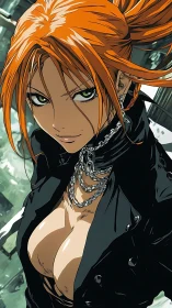 Fierce anime rebel stands confident in urban chaos