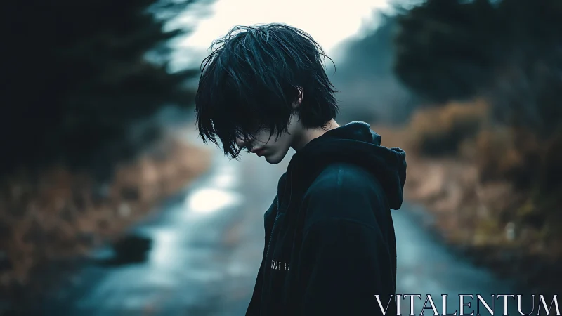 Rain-soaked wanderer pausing on a ghosted forest road.