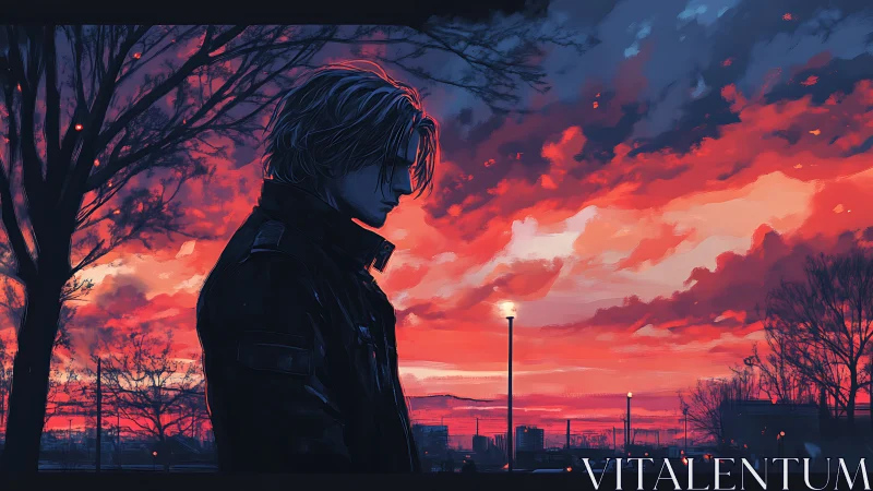 Solitary figure in black coat beneath vivid crimson dusk sky