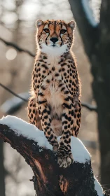 Regal cheetah poised on snowy branch in soft winter backlight.
