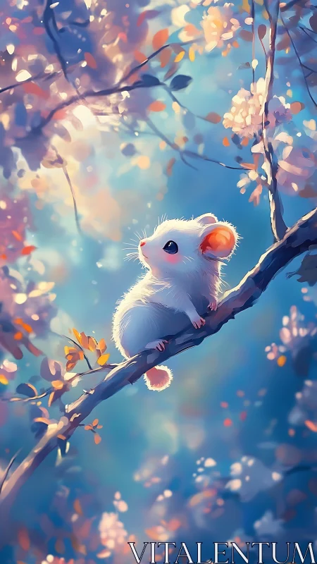 Backlit white mouse studies dappled light in spring canopy