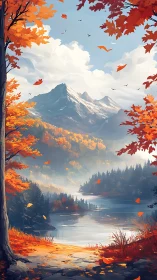 Crimson autumn lake beneath misted alpine peaks.