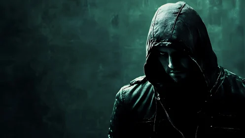 Hooded figure in teal low key lighting, cinematic focus.