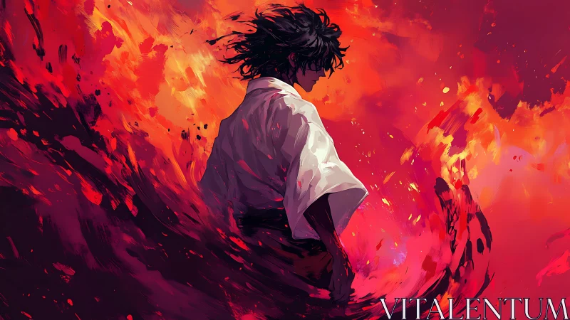 Solitary warrior stands within swirling red firestorm