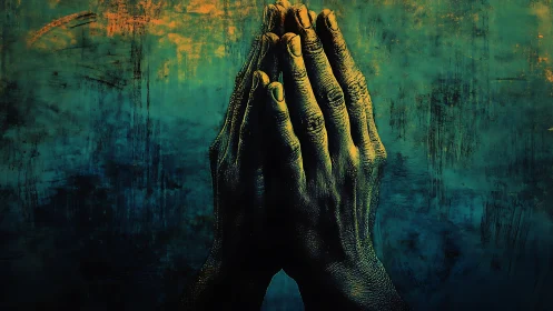Digital painting of clasped hands on textured teal ground.