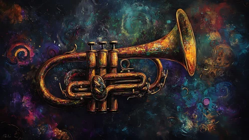 Vibrant jazz trumpet floats in swirling cosmic color haze
