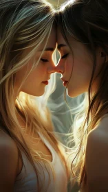 Two souls meet in ethereal golden light and luminous connection.
