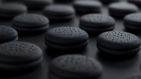 Charcoal black macarons in rhythmic shallow-focus rows.