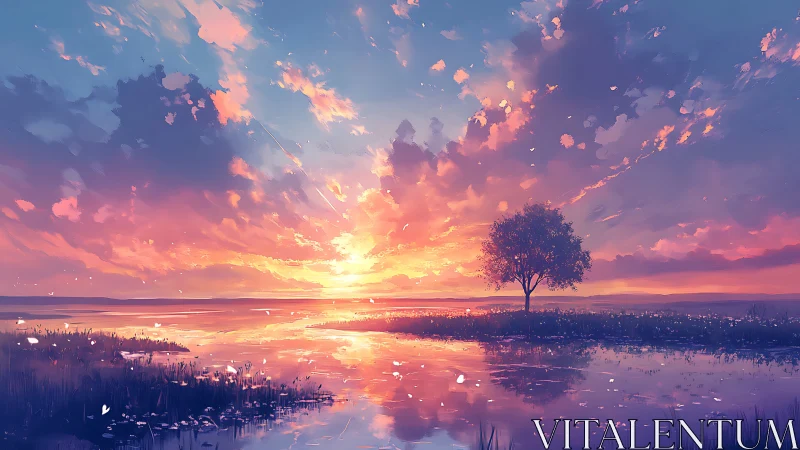 Sunset sky illuminates lone tree beside reflective water