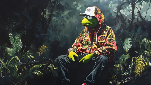 Streetwise frog lounges in neon jungle shadows at dusk.