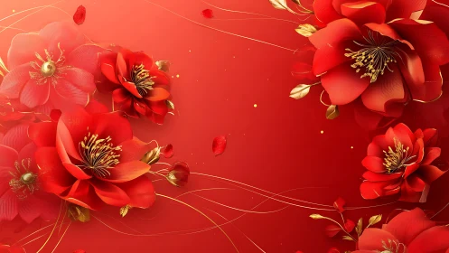 Radiant red blossoms glow gently with golden floral accents