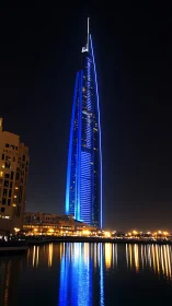 Illuminated blue skyscraper beside waterfront at night.