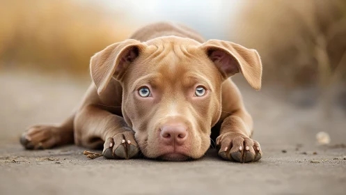 Blue-eyed puppy portrait on ground with soft bokeh background.