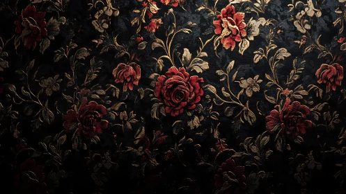 Floral Pattern Textile With Red Roses on Dark Background