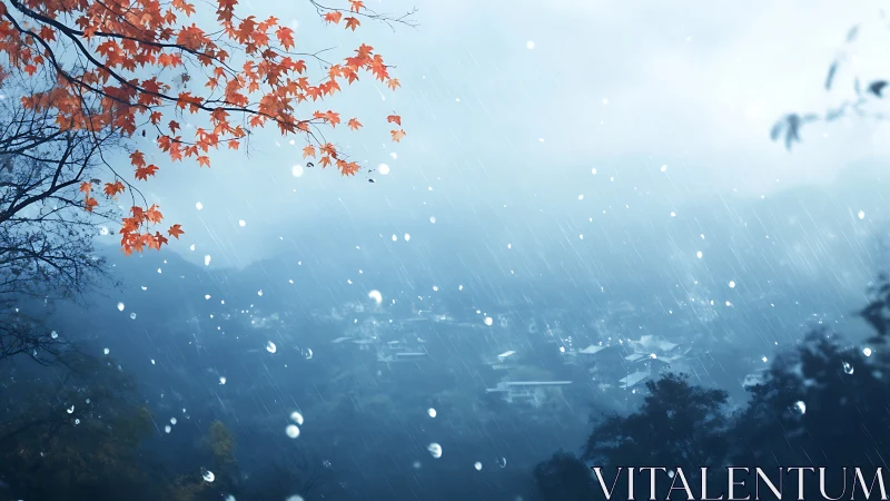 Scarlet maple leans into a blue rain dream above town