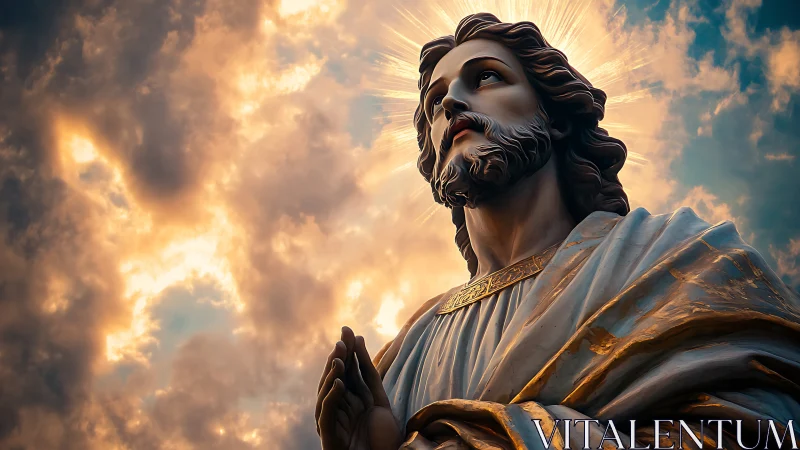 Radiant sacred statue beneath a glowing, storm-soft sky.