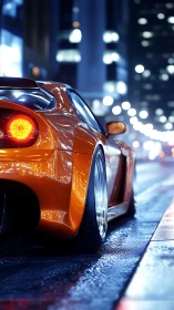 Neon-soaked orange supercar stalking the midnight city streets.