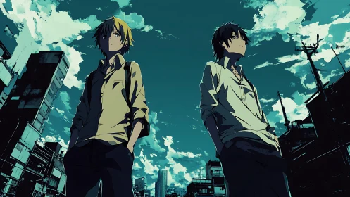 Two teens stand in high-contrast urban alley under dramatic sky