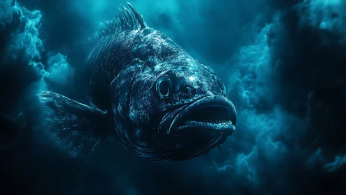 Colossal deep-sea fish emerges from shadowy blue abyss.