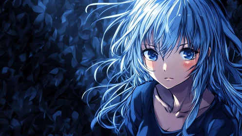 Blue haired anime girl in low light against leaf backdrop.