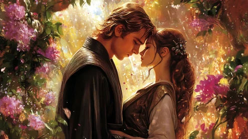 Romantic Embrace Surrounded by Luminous Floral Garden