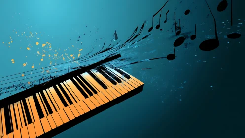 Piano keys explode into abstract floating musical notes.