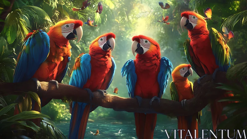 Vibrant Scarlet Macaws Perched in Lush Jungle, Realistic Digital Art.