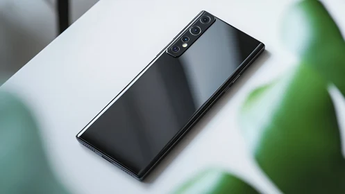 Black smartphone with quad camera array displayed on white surface