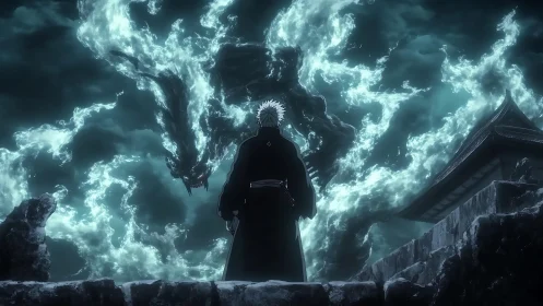 Sorcerer confronts ethereal dragon amid stormlit shrine.