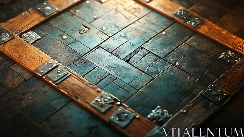 Weathered wooden door with metal braces and riveted plates.
