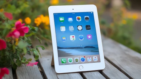 White tablet displays iOS interface on wooden surface with flowering garden